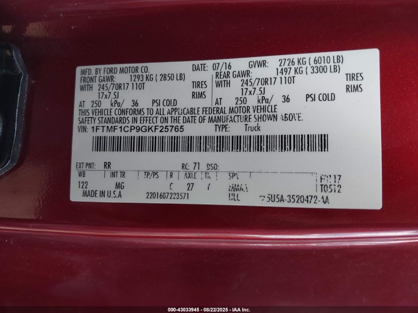 2016 Ford F-150 Xlt VIN: 1FTMF1CP9GKF25765 Lot: 43033945