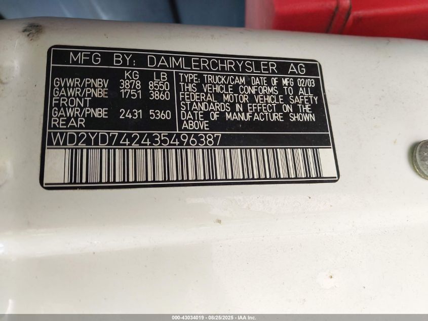 2003 Dodge Sprinter Van 2500 Super High Ceiling VIN: WD2YD742435496387 Lot: 43034019