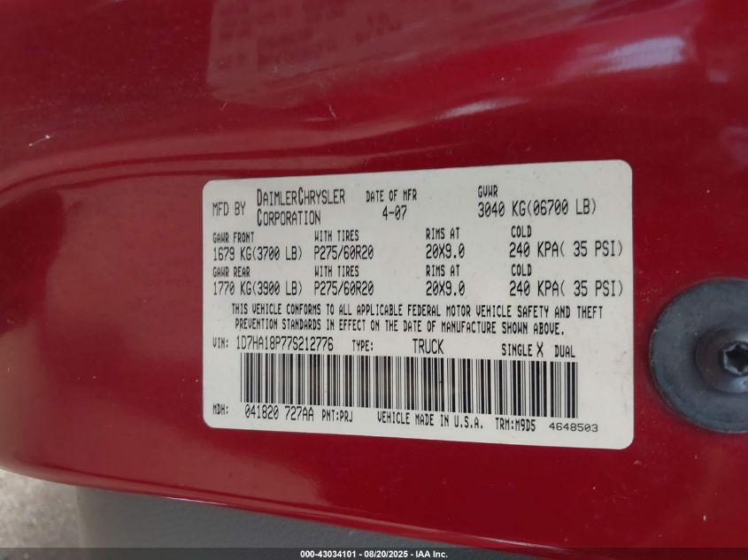 2007 Dodge Ram 1500 Slt VIN: 1D7HA18P77S212776 Lot: 43034101