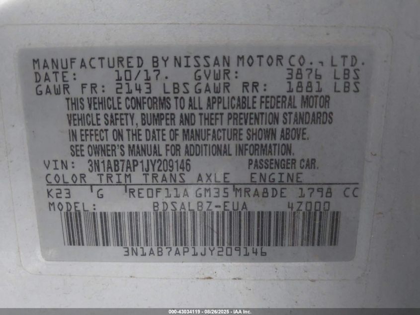 2018 Nissan Sentra S VIN: 3N1AB7AP1JY209146 Lot: 43034119
