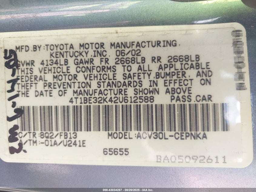 2002 Toyota Camry Le VIN: 4T1BE32K42U612588 Lot: 43034287