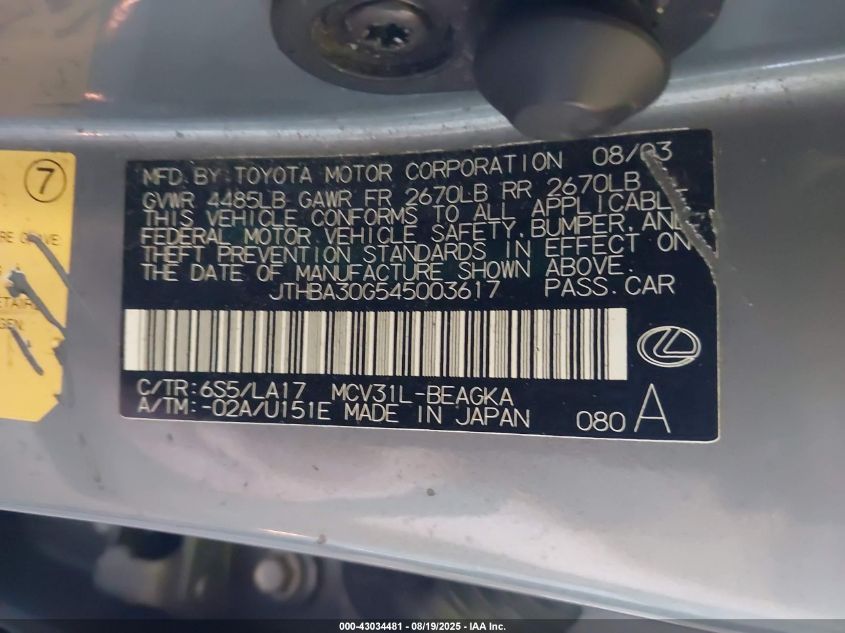 2004 Lexus Es 330 VIN: JTHBA30G545003617 Lot: 43034481