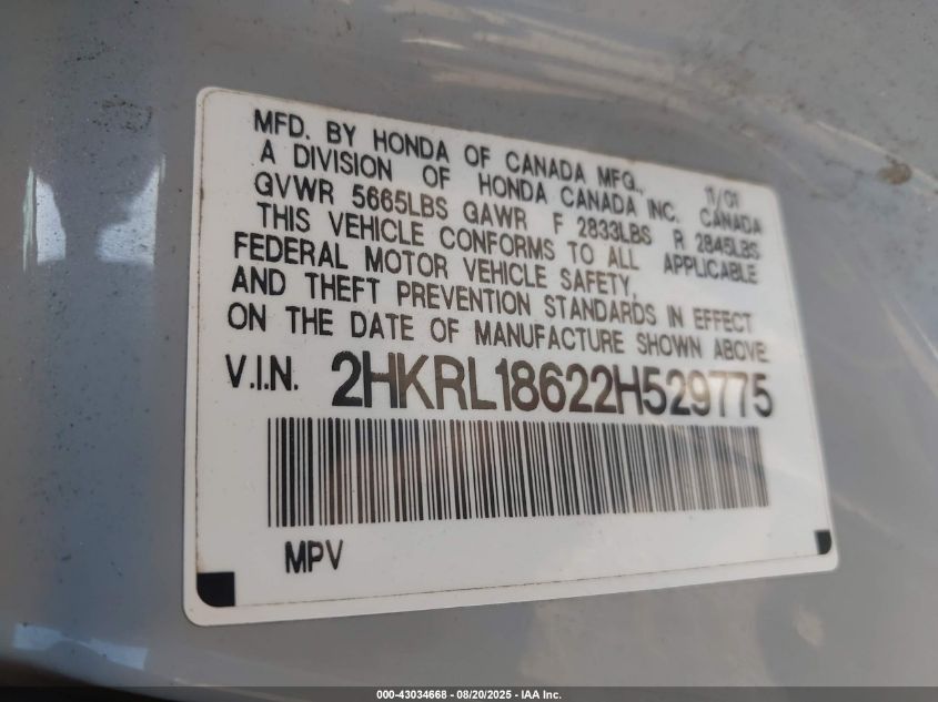 2002 Honda Odyssey Ex VIN: 2HKRL18622H529775 Lot: 43034668