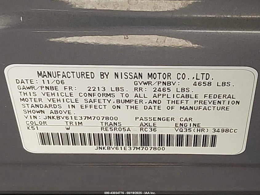 2007 Infiniti G35 Sport VIN: JNKBV61E37M707800 Lot: 43034776