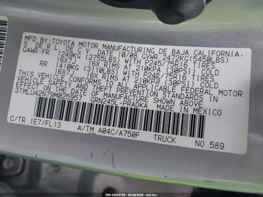2009 Toyota Tacoma Base V6 VIN: 3TMLU42N79M025957 Lot: 43034789