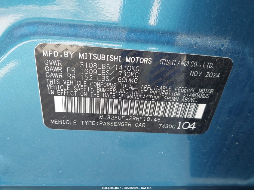 VIN ML32FUFJ2RHF18145 2024 MITSUBISHI MIRAGE G4 BLACK EDITION/ES/LE