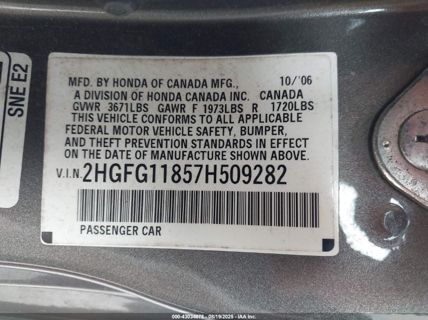 2007 Honda Civic Ex VIN: 2HGFG11857H509282 Lot: 43034878