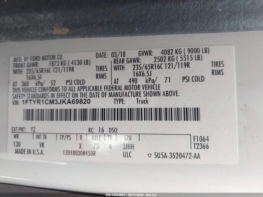 2018 FORD TRANSIT-250 1FTYR1CM3JKA69820