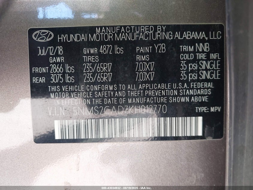 2019 Hyundai Santa Fe Se VIN: 5NMS2CAD7KH012770 Lot: 43034932