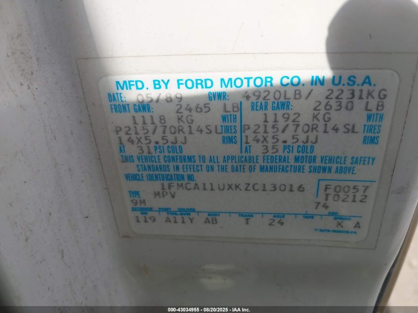 1989 Ford Aerostar VIN: 1FMCA11UXKZC13016 Lot: 43034955