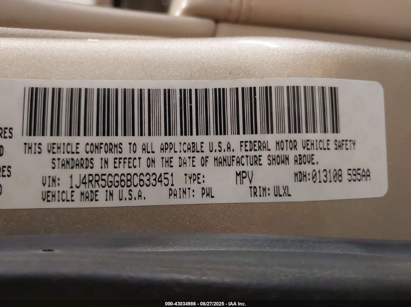 2011 Jeep Grand Cherokee Limited VIN: 1J4RR5GG6BC633451 Lot: 43034986