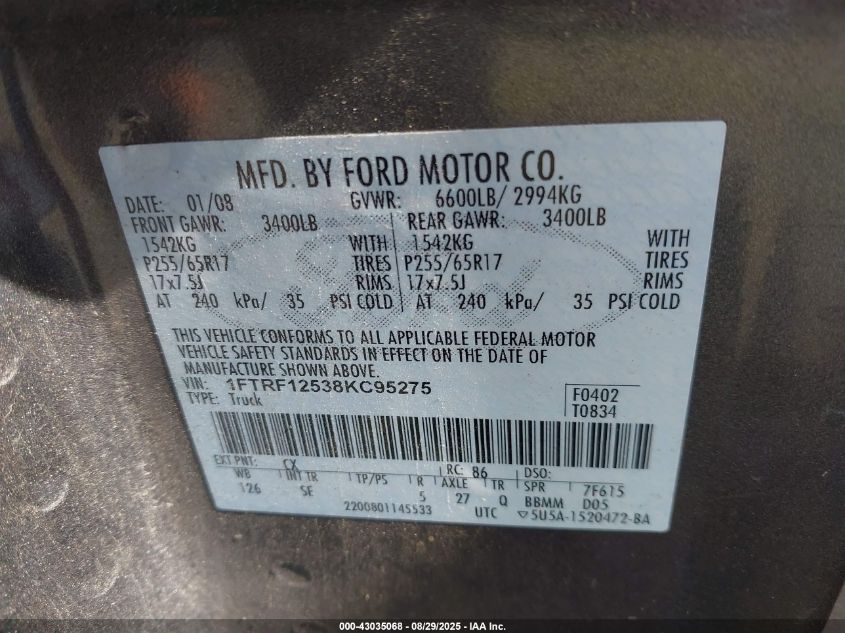 2008 Ford F-150 Fx2/Stx/Xl/Xlt VIN: 1FTRF12538KT95275 Lot: 43035068