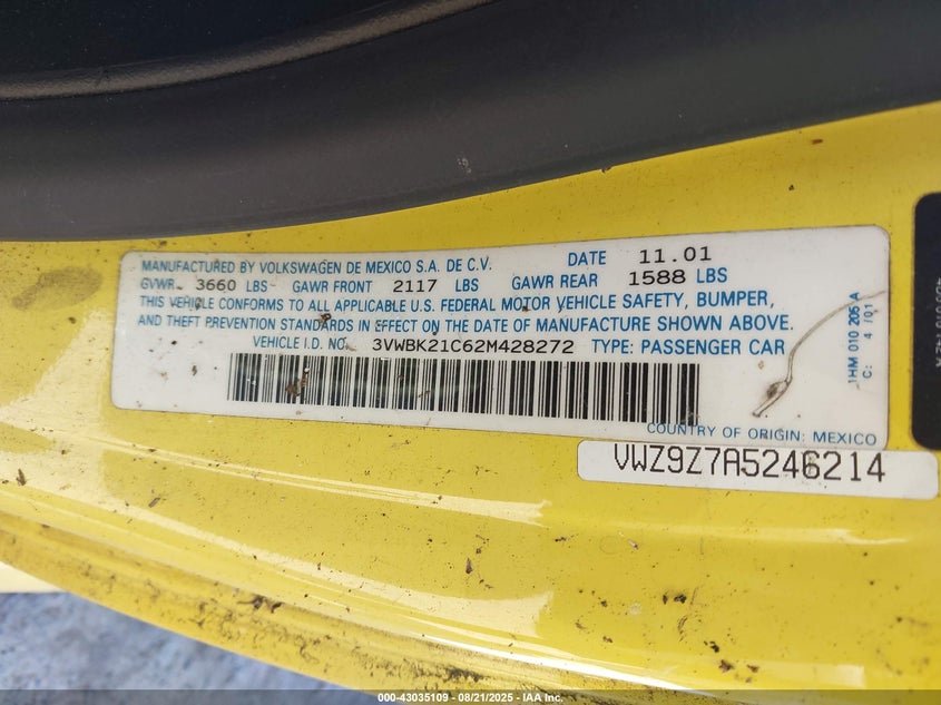 2002 Volkswagen New Beetle Gl VIN: 3VWBK21C62M428272 Lot: 43035109