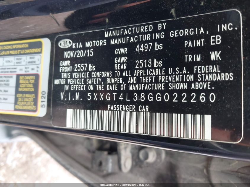 2016 Kia Optima Lx VIN: 5XXGT4L38GG022260 Lot: 43035118