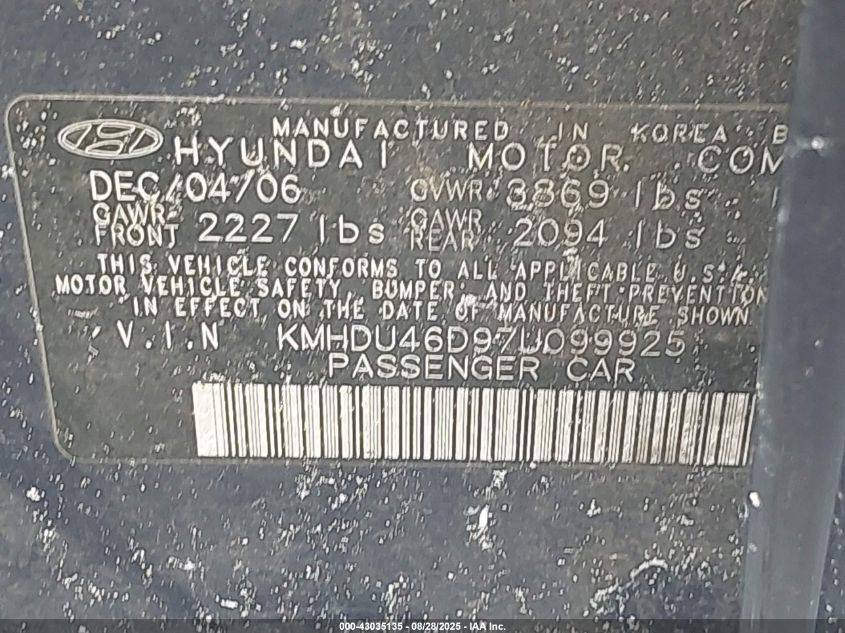 2007 Hyundai Elantra Gls/Limited/Se VIN: KMHDU46D97U099925 Lot: 43035135