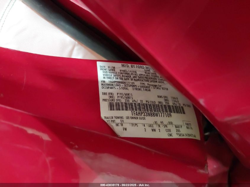 2008 Ford Focus Se/Ses VIN: 1FAHP33N88W177109 Lot: 43035178