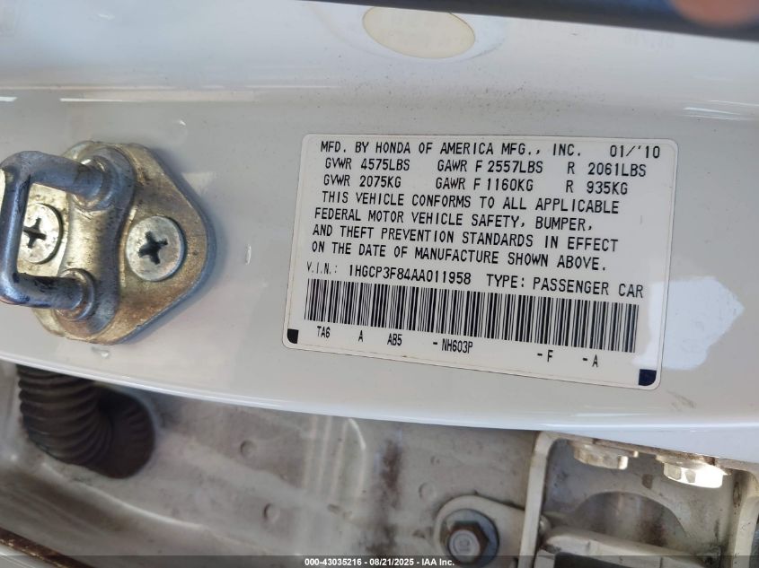 2010 Honda Accord 3.5 Ex-L VIN: 1HGCP3F84AA011958 Lot: 43035216