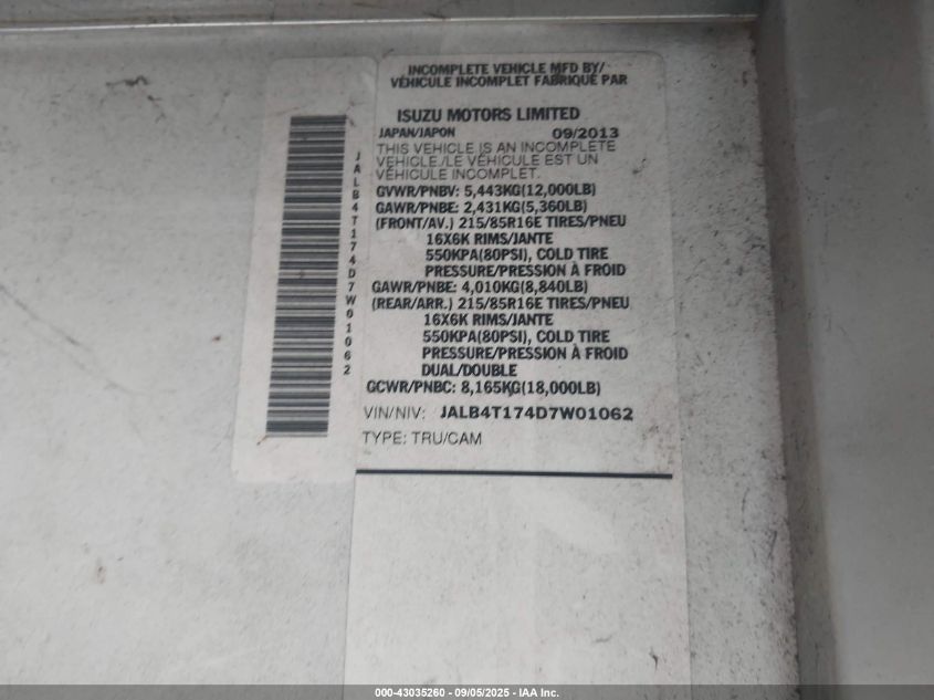 2013 Isuzu Commercial Van VIN: JALB4T174D7W01062 Lot: 43035260