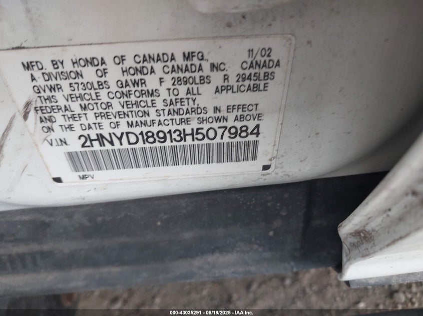 2003 Acura Mdx VIN: 2HNYD18913H507984 Lot: 43035291