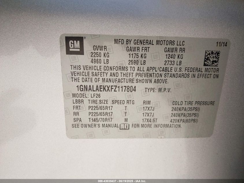 2015 Chevrolet Equinox Ls VIN: 1GNALAEKXFZ117804 Lot: 43035437