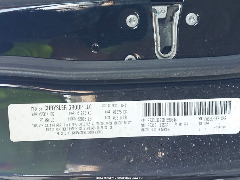 2011 Dodge Charger VIN: 2B3CL3CG6BH598044 Lot: 43035479