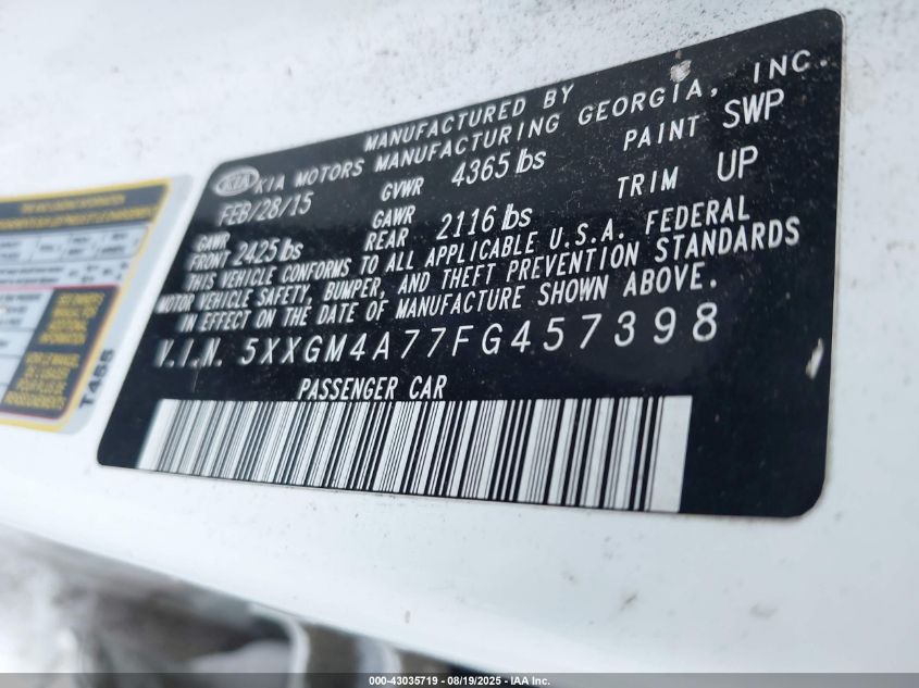 2015 Kia Optima Lx VIN: 5XXGM4A77FG457398 Lot: 43035719