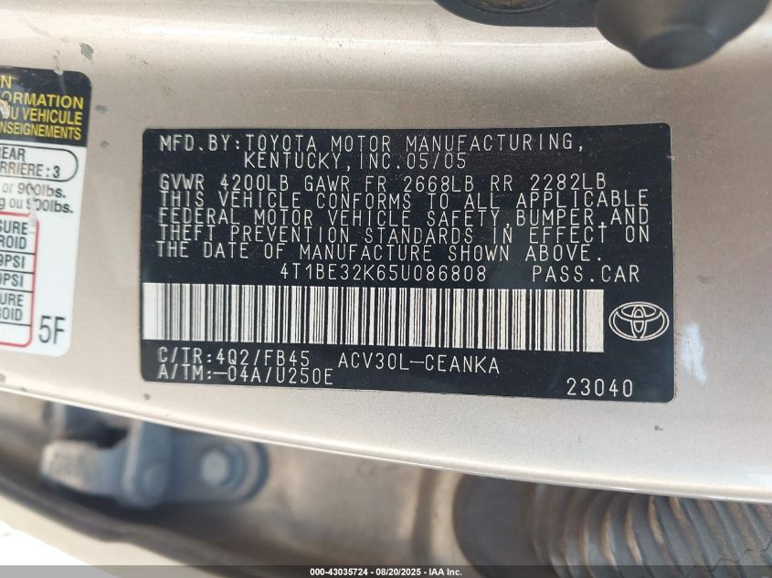2005 Toyota Camry Le VIN: 4T1BE32K65U086808 Lot: 43035724