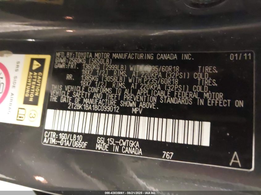 2011 Lexus Rx 350 VIN: 2T2BK1BA1BC099012 Lot: 43035861