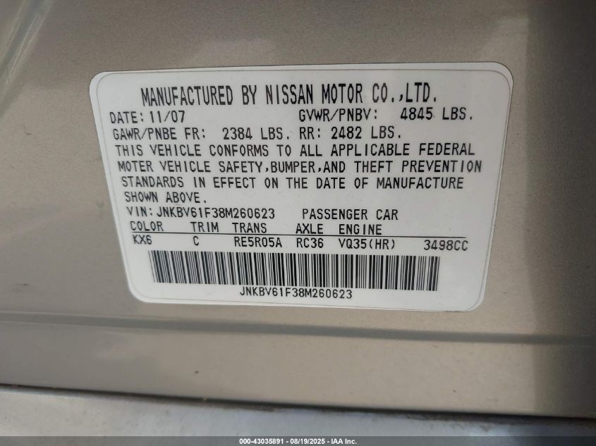 2008 Infiniti G35X VIN: JNKBV61F38M260623 Lot: 43035891