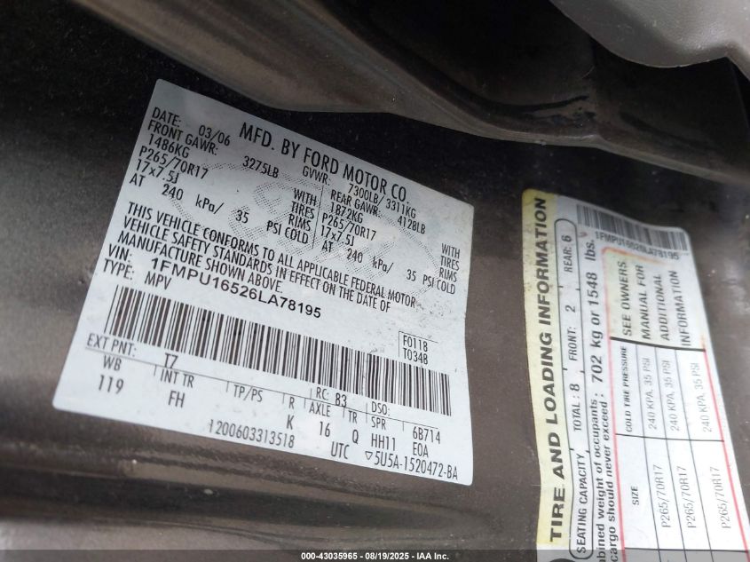 2006 Ford Expedition Xlt/Xlt Sport VIN: 1FMPU16526LA78195 Lot: 43035965