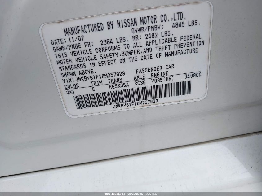 2008 Infiniti G35X VIN: JNKBV61F18M257929 Lot: 43035984
