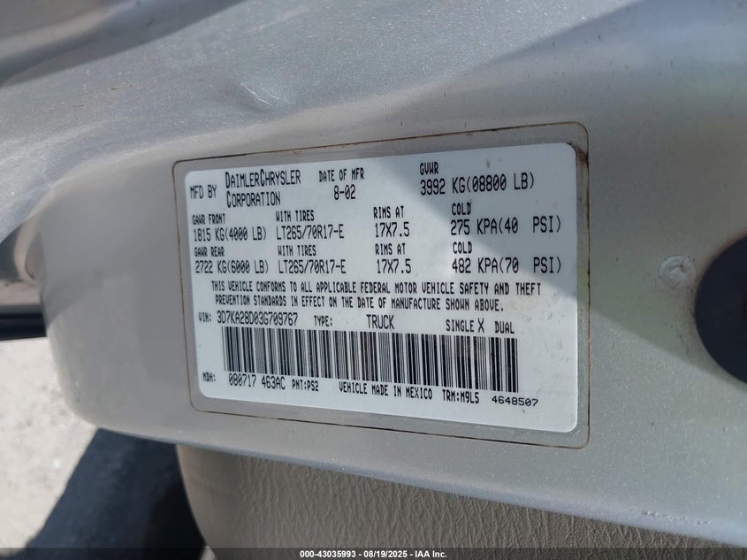 2003 Dodge Ram 2500 Slt/Laramie/St VIN: 3D7KA28D03G709767 Lot: 43035993