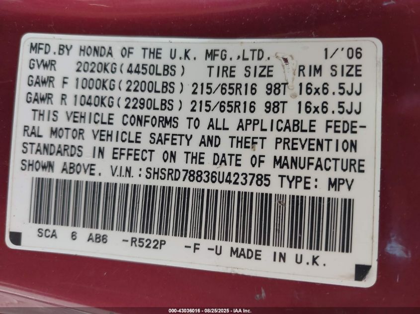 2006 Honda Cr-V Ex VIN: SHSRD78836U423785 Lot: 43036016