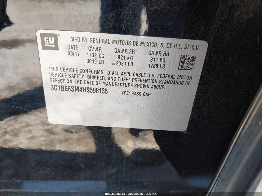 2017 Chevrolet Cruze Lt Auto VIN: 3G1BE6SM4HS598135 Lot: 43036034