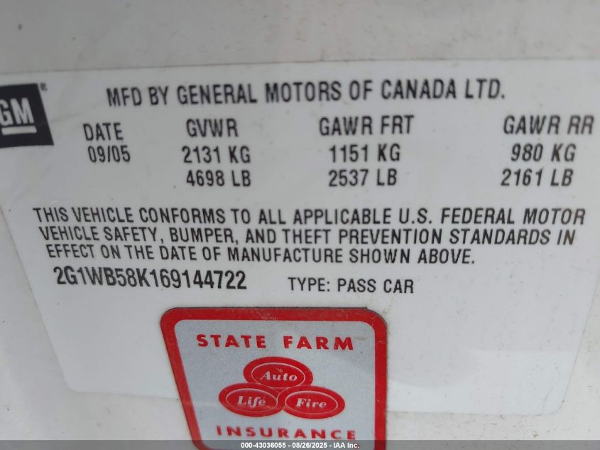 2006 Chevrolet Impala Ls VIN: 2G1WB58K169144722 Lot: 43036055