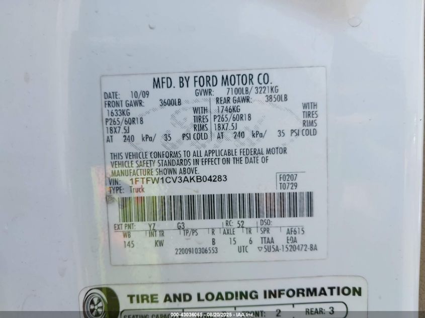 2010 Ford F-150 King Ranch VIN: 1FTFW1CV3AKB04283 Lot: 43036065