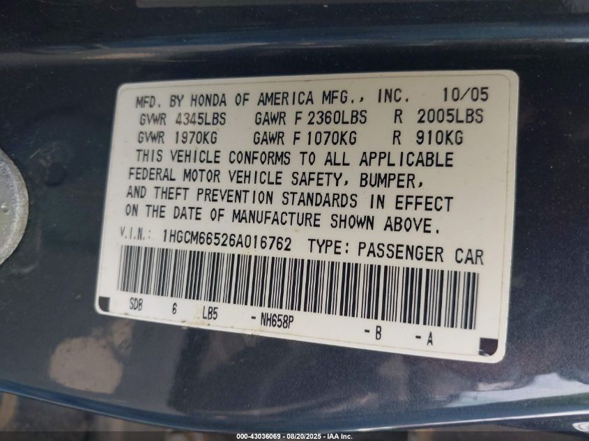 2006 Honda Accord 3.0 Ex VIN: 1HGCM66526A016762 Lot: 43036069