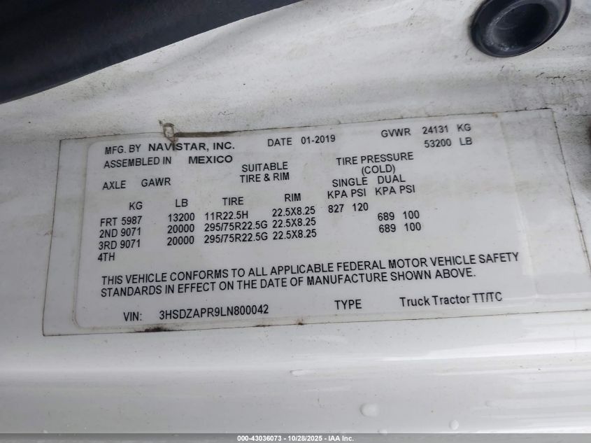 2020 International Lt VIN: 3HSDZAPR9LN800042 Lot: 43036073