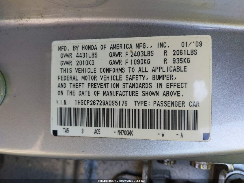 2009 Honda Accord 2.4 Ex VIN: 1HGCP26729A095176 Lot: 43036075
