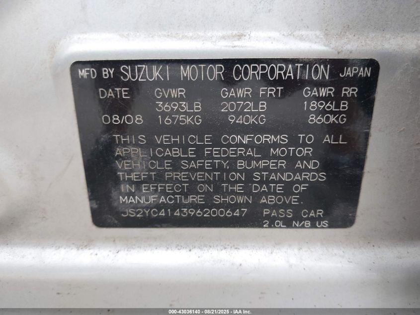 2009 Suzuki Sx4 Sport/Sport Technology VIN: JS2YC414396200647 Lot: 43036140