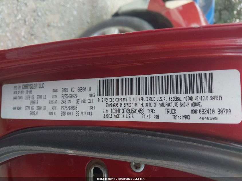 2009 Dodge Ram 1500 Slt/Sport/Trx VIN: 1D3HB13TX9J501453 Lot: 43036210