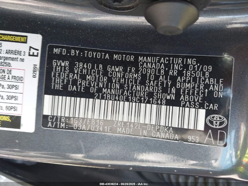 2009 Toyota Corolla Le VIN: 2T1BU40E19C171648 Lot: 43036234