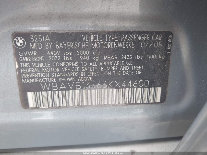 2006 BMW 325I VIN: WBAVB13566KX44600 Lot: 43036283