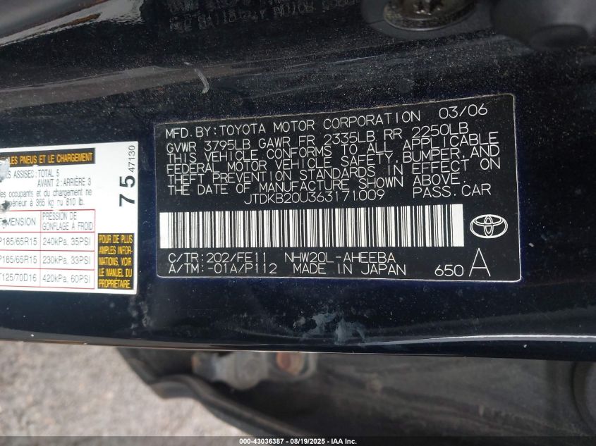 2006 Toyota Prius VIN: JTDKB20U363171009 Lot: 43036387