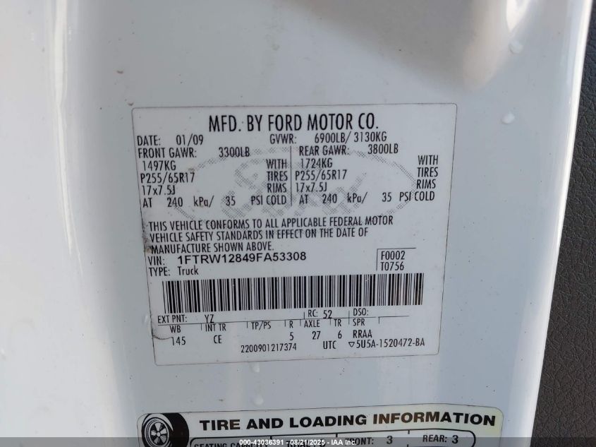 2009 Ford F-150 Xl/Xlt VIN: 1FTRW12849FA53308 Lot: 43036391