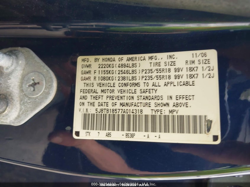 2007 Acura Rdx VIN: 5J8TB18577A014318 Lot: 43036411