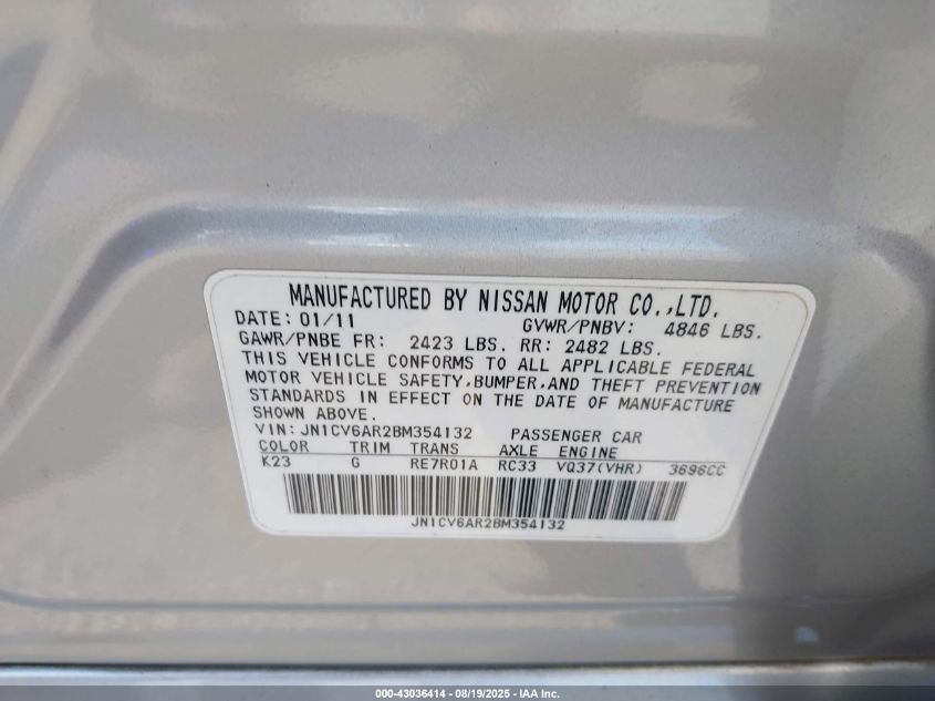 2011 Infiniti G37 VIN: JN1CV6AR2BM354132 Lot: 43036414