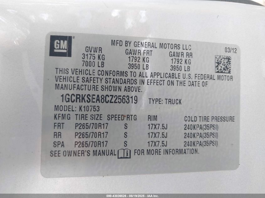 2012 Chevrolet Silverado 1500 Lt VIN: 1GCRKSEA8CZ256319 Lot: 43036526