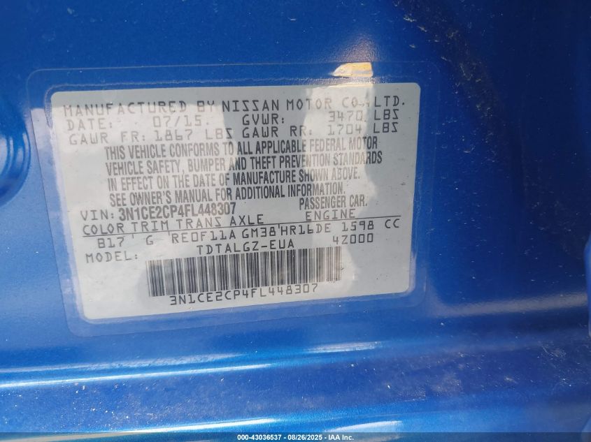 2015 Nissan Versa Note Sr VIN: 3N1CE2CP4FL448307 Lot: 43036537