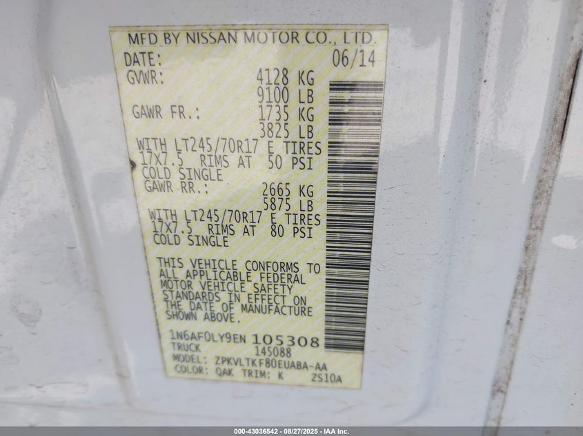 1N6F0LY9EN105308 2014 NISSAN NV photo no. 9